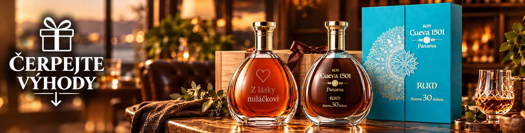 Luxusní rum Ron Cueva 1501 Panama 30 Solera s dárkovým balením a gravírovanou lahví Z lásky miláčkovi