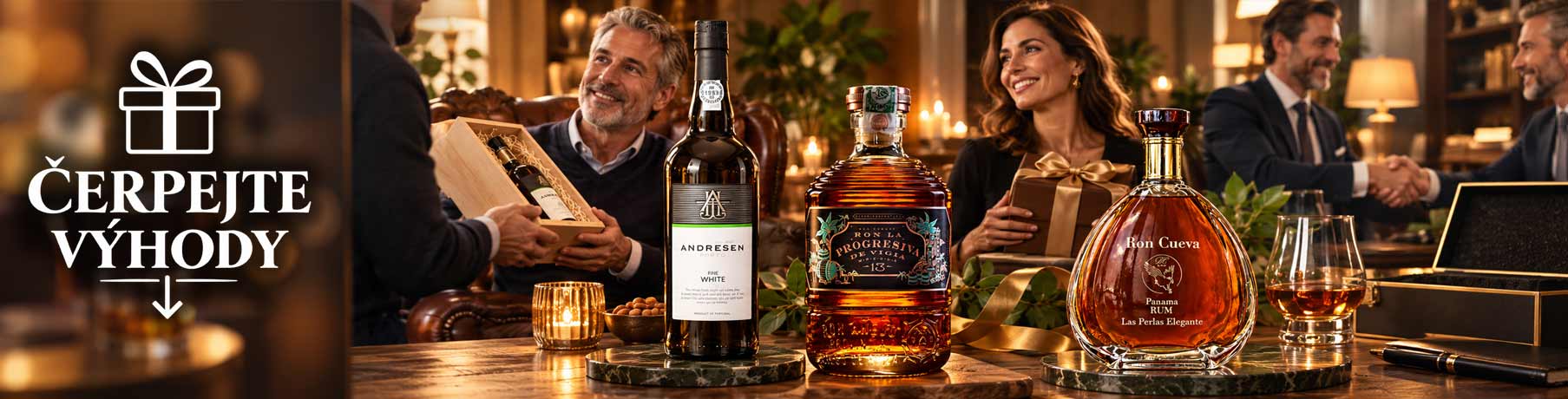 Prémiové dárkové lahve Andresen Fine White Port, Ron Cueva Panama Rum a Ron La Progresiva 13 v elegantním interiéru při předávání dárků.