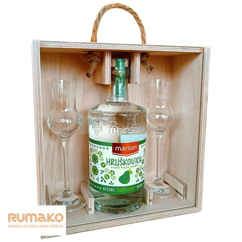 Marsen Hruškovica TRADITIONAL 42% 0,7l v dřevěném dárkovém boxu se skleničkami
