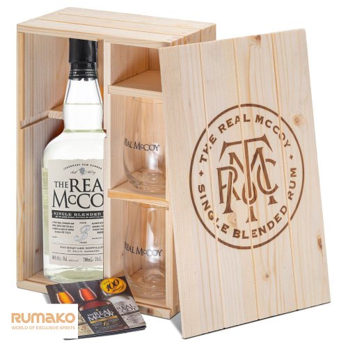The Real McCoy 3YO Distiller's Proof 46% 0,7l Wood Box + 2 skleničky
