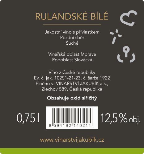 Jakubík Rulandské bílé pozdní sběr 2019 suché 12,5% 0,75l