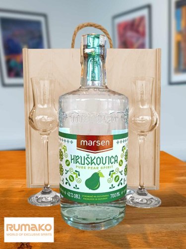 Marsen Hruškovica TRADITIONAL 42% 0,7l v dřevěném dárkovém boxu se skleničkami