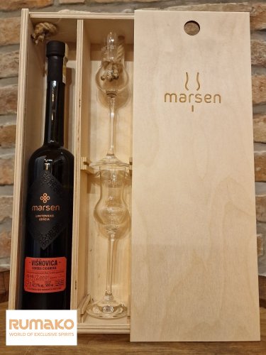Marsen Exclusiv Višňovica Cigánska 42,3% 0,5l v dárkovém dřevěném boxu se 2 skleničkami
