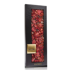 ChocoMe - hořká čokoláda zdobená lyofilizovanými jahodami a lístky růží