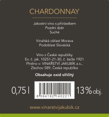 Jakubík Chardonnay pozdní sběr 2019 suché 13% 0,75l