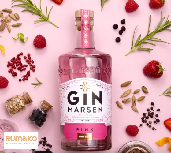 Gin Marsen Pink 38% 0,7l v dřevěném boxu se skleničkami