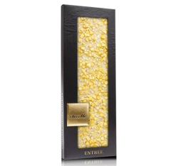 ChocoMe - bílá čokoláda s pravou vanilkou zdobená kandovanou citronovou kůrou, lyofilizovanými broskvemi