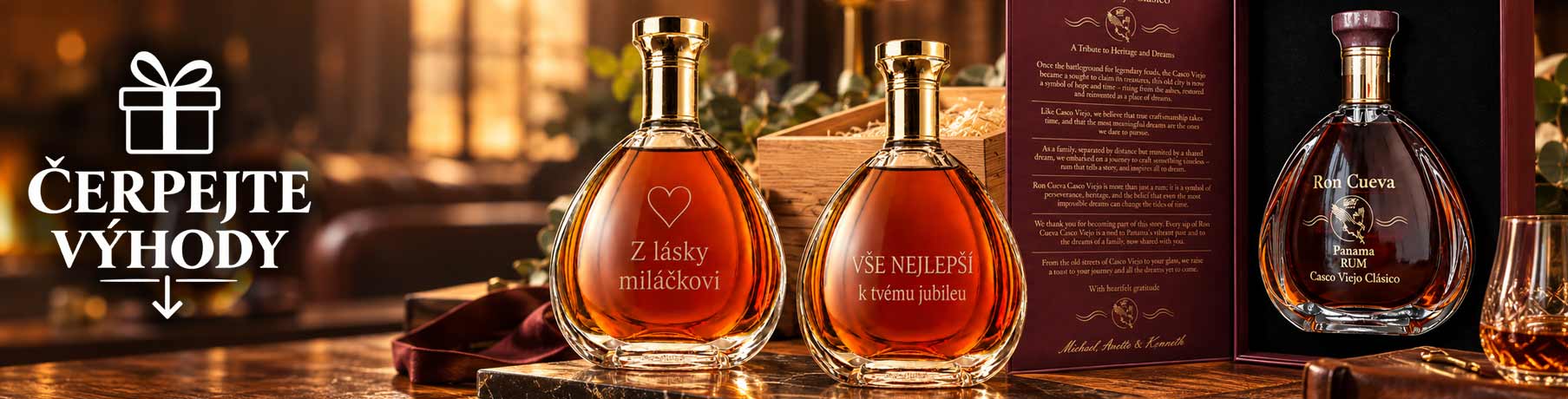 Luxusní rum Ron Cueva Casco Viejo Clásico v dárkovém balení s gravírovanými lahvemi pro miláčka a k jubileu