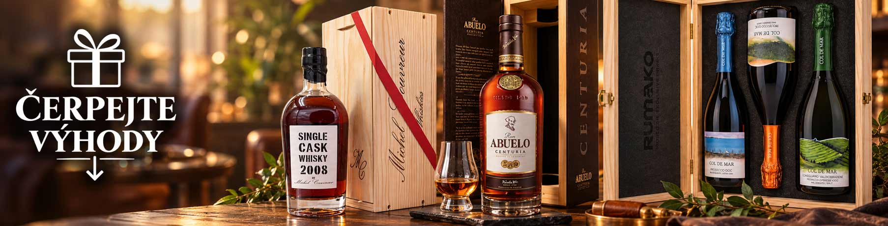 Dárkové balení prémiových destilátů a prosecca – Michel Couvreur Single Cask Whisky 2008, Ron Abuelo Centuria a Col de Mar Prosecco v luxusních boxech
