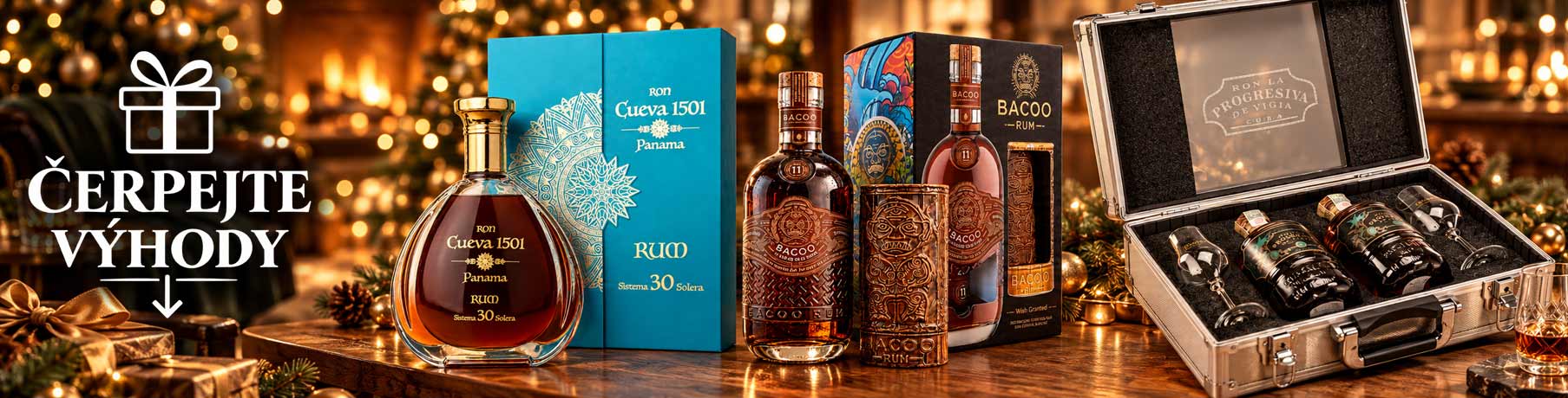 Luxusní vánoční dárkové balení rumů Ron Cueva 1501 Panama 30, Bacoo Rum a Ron La Progresiva se sklenicemi