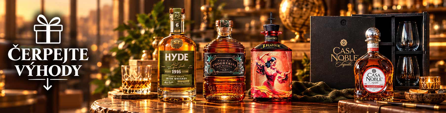 Prémiové destiláty HYDE Irish Whiskey, Ron La Progresiva, J.Rose Gin a Casa Noble Reposado v luxusním barovém prostředí.