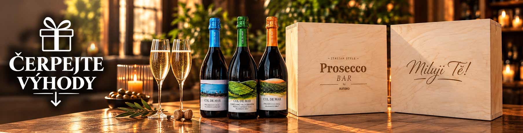 Dárková sada Prosecco Col de Mar v dřevěném boxu RUMAKO s lahvemi, sklenkami a gravírovanou truhlou Miluji Tě